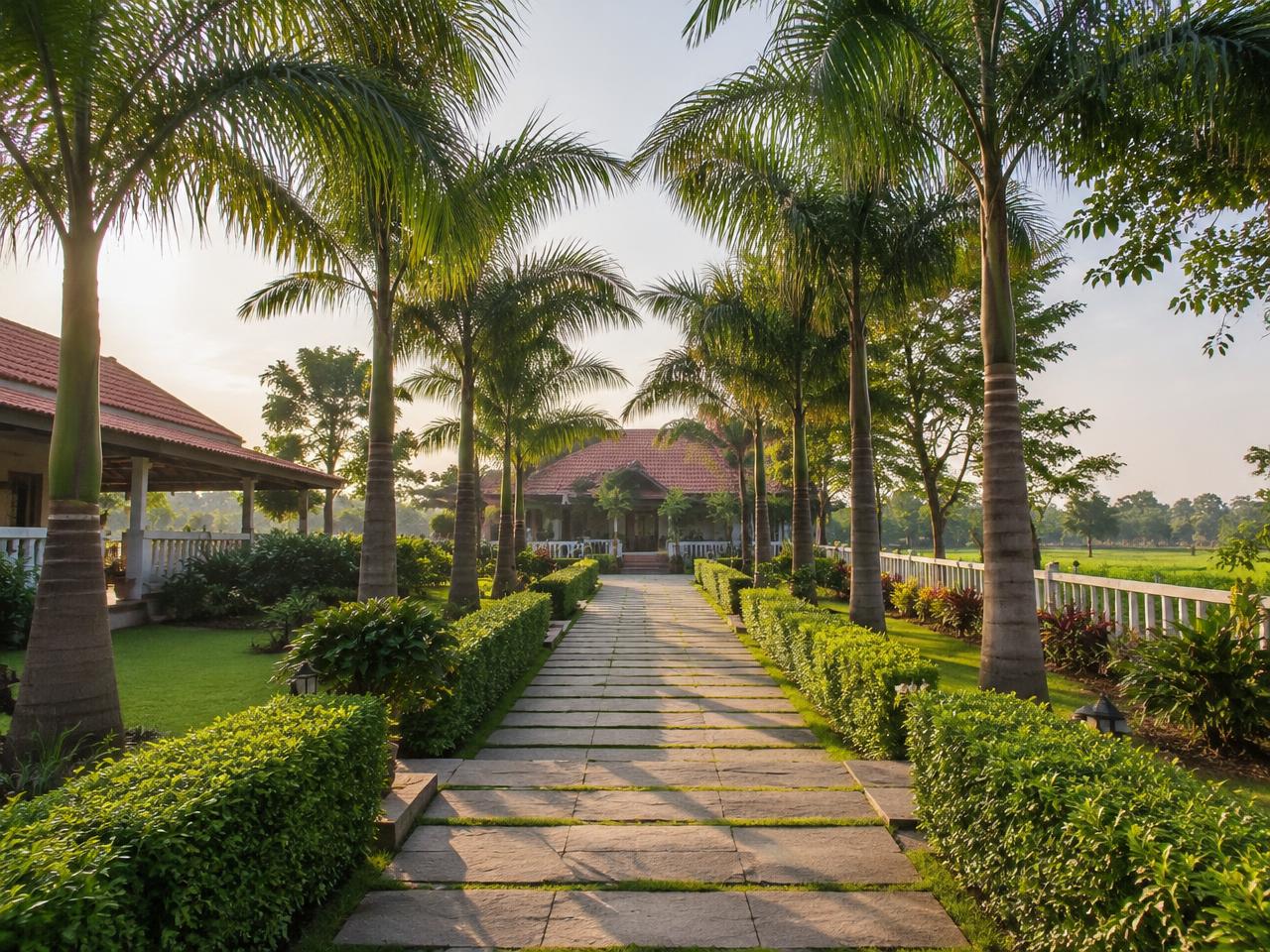 Illustrative landscaped farmhouse garden pathway